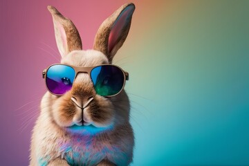 Fototapeta na wymiar Bunny with sunglasses on colorful background. Easter Bunny concept. Lovely action of young rabbit. Space for text. Generative AI Technology