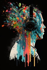 Beautiful woman listening to music, colorful head wearing  headphones. Dark background. Generative AI Technology