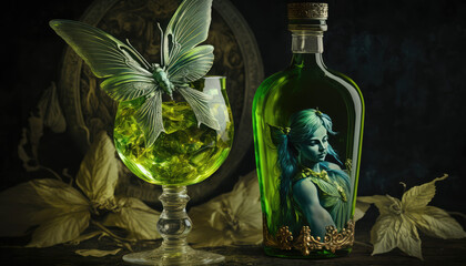 A fictional person, "Green Fairy Drinking Absinthe" - an alluring wallpaper background featuring a green fairy drinking absinthe in a surrealistic and enchanting setting
