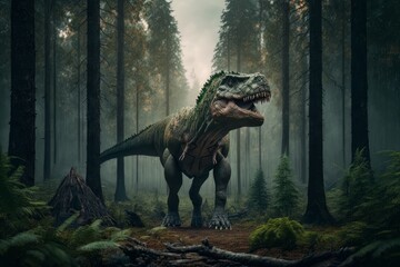 A dinosaur, Tyrannosaurus Rex in a forest, park. Generative AI Technology