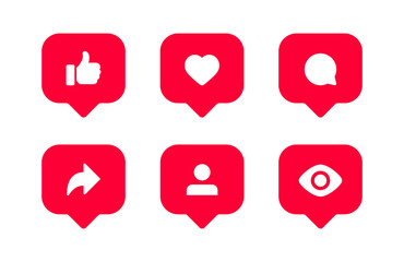 social media notification icons in speech bubble ; thumbs up icon, like, love, comment, share, follower icon signs - like chat bubbles social network post reactions collection set. vector illustration - obrazy, fototapety, plakaty