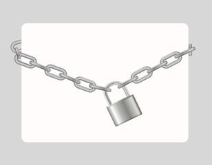 Padlock and chain. Gray metal chain and padlock, handcuffed card, vector