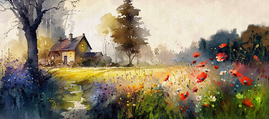 Summer landscape, artwork. Old house in the woods, watercolor painting of a landscape in the morning, landscape with flowers and grass