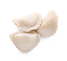 Delicious dumplings (varenyky) with tasty filling on white background, top view