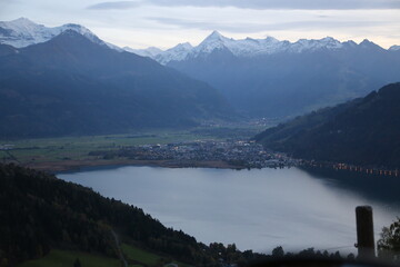 View of Zeller See and Kitzsteinhorn at dusk in autumn