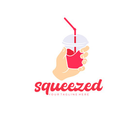 Hand holds a glass of freshly squeezed juice and a straw, logo design. Juice, drink, beverage, drinking, food and meal, vector design and illustration