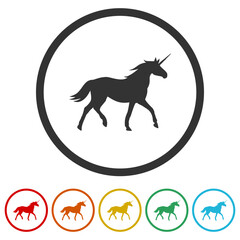 Unicorn silhouettes icons in color circle buttons