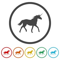 Unicorn silhouettes icons in color circle buttons
