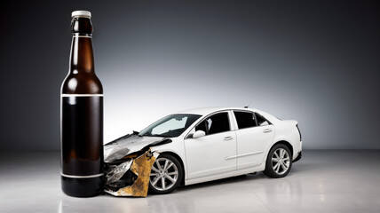 Car crashes into a beer bottle Attention: dont drink and drive campaign for life and car /...