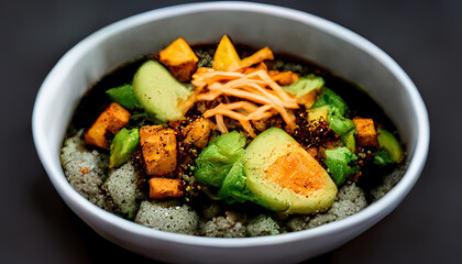 Tasty fresh poke bowl with avocado quinoa and vegetables top view. Generative Ai