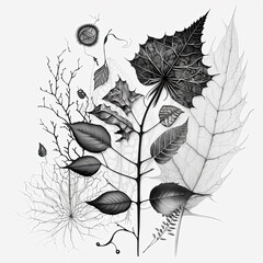 black and white background with leaves