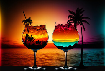 Two decorated cocktail glasses on a tropical beach sunset background, generative ai