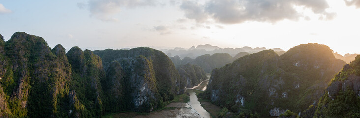 Evening view from the Hang Mua Viewpoint in the Ninh Binh Province in northern Vietnam over the Tam...