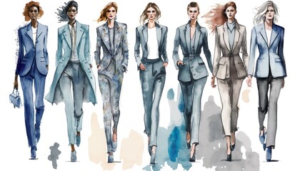 Group of multicultural business women walking in a row, watercolor illustration for world women´s day 