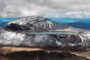 View from the Tongariro Alpine Crossing, New Zealand. Snow on volcano