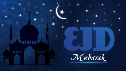 A blue background with a mosque and the ward Eid Mubarak, eid mubarak greeting card, Eid Mubarak background, Eid Mubarak template, islamic design, Muslim culture 