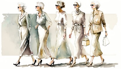 Group of elderly white business women, models walking in a row, successful, watercolor illustration for world women´s day 
