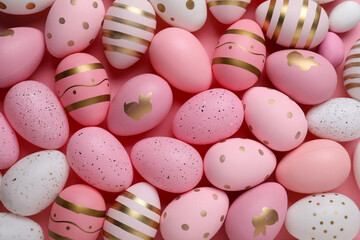 Many painted Easter eggs on pink background, flat lay