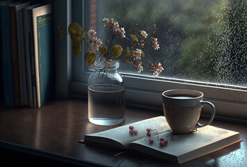 Still life with an open book and hot mug  on a windowsill, rany day, generative ai