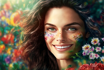 Fototapeta premium Portrait of a cheerful sensual woman in a swirl of colorful flowers, generative ai