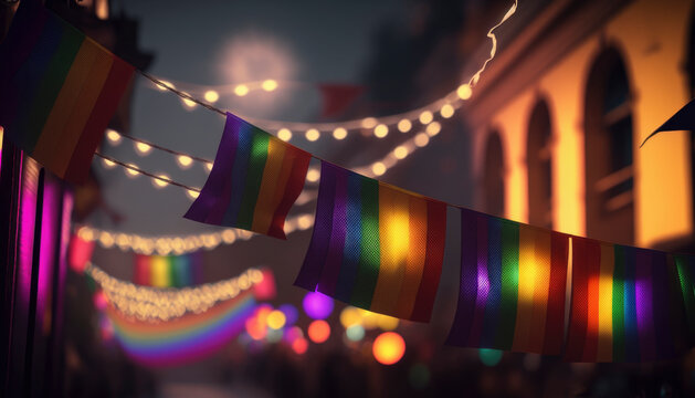 LGBT flags and fairy lights background generative ai