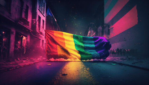 LGBT flag in centre of dramatic street generative ai