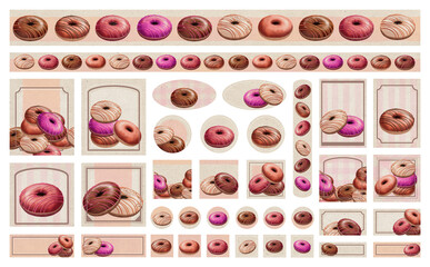 レトロなドーナツ シール&フレーム用 イラスト素材 -ピンク- 色違い有