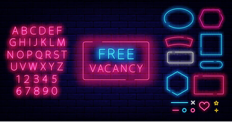 Free vacancy neon emblem. Welcome to our team. Job searching design. Vector stock illustration
