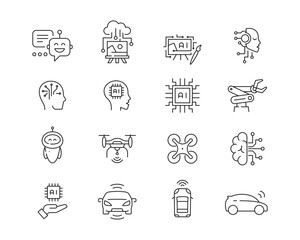Artificial Intelligence set of 16 editable stroke icons. Perfect for logos, stats and infographics. Change the thickness of the line in Adobe Illustrator (or any vector capable app).
