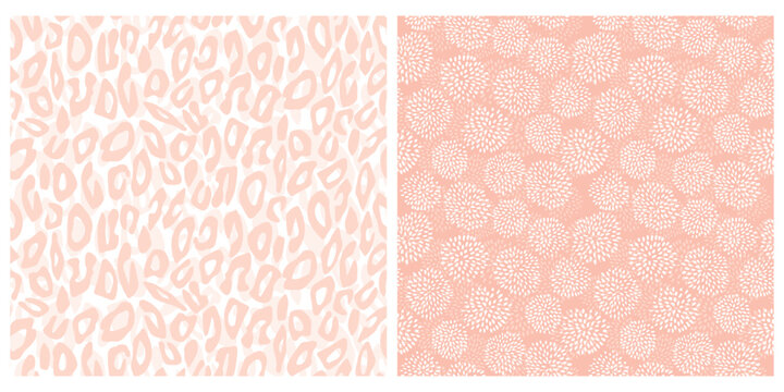Abstract Leopard Skin Print. Simple Seamless Vector Pattern with White Irregular Circles made of Dots Isolated on a Light Blush Pink Background. Wild Animal Skin Pattern.