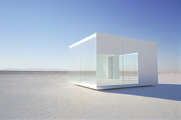 In a desert, there are several modern minimalist buildings stacked.