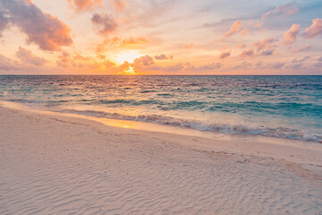 Closeup sea sand beach. Beautiful beach landscape. Inspire tropical beach seascape horizon. Dreamy sunset sky calm tranquil relax sunrise summer mood. Positive energy meditation summer tropical island
