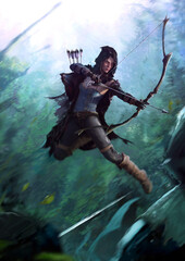 An epic battle in the forest thicket in the moonlight, the archer girl shoots in flight. she wears a black hood and a blue dress, with a quiver of arrows behind her back. dynamic action frame. 2d art © Николай Акатов
