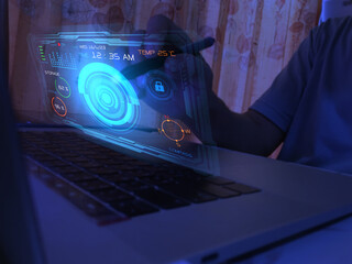 Display screen data technology concept Laptop program control and display menu for cyber