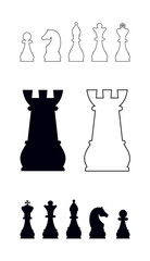 Silhouettes of chess pieces. Chessboard. Black and white. Chess icons. Vector chess isolated on white background. Playing chess on the Board. King, Queen, rook, knight, Bishop, pawn