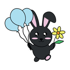 Black joyful rabbit with balls and a flower
