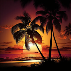 sunset at the beach, palm trees