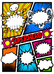 Pop art comics book magazine, speech bubble, balloon, box message. Super hero - Comic book style word on colorful background. Vector illustration. Retro pop art comics book magazine, speech bubble.