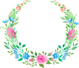 Fototapeta na wymiar Watercolor floral round wreath with spring flowers, leaves, branches, easter eggs. Hand drawn illustration isolated on white background. Vector EPS.