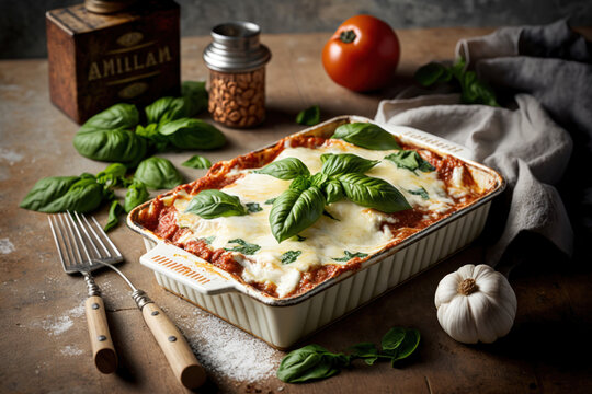 lItalian asagna on white baking dish composition with basil leaves, tomato, garlic, and spices