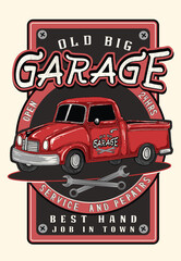 Vintage garage retro poster.Red truck.Vector.