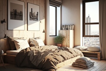 Wooden bedroom with bed and linens, beige walls and window with a city view