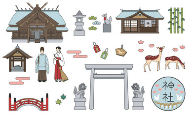 神社のイラストセット　アウトラインあり