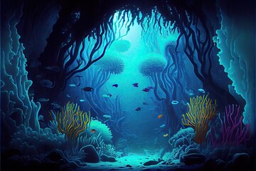 Fototapeta na wymiar Generative AI illustration of underwater world at the depth of the ocean. Underwater gorges and tunnel, organisms and fish. Underwater deep world, sea darkness, algae glow, blue neon, corals.