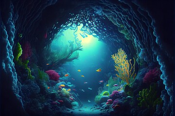 Obraz na płótnie Canvas Generative AI illustration of underwater world at the depth of the ocean. Underwater gorges and tunnel, organisms and fish. Underwater deep world, sea darkness, algae glow, blue neon, corals.