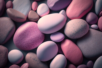 Obraz na płótnie Canvas Pink smooth stones, cobblestones, pebbles. Stony creative background, Generative AI