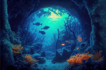 Fototapeta na wymiar Generative AI illustration of underwater world at the depth of the ocean. Underwater gorges and tunnel, organisms and fish. Underwater deep world, sea darkness, algae glow, blue neon, corals.