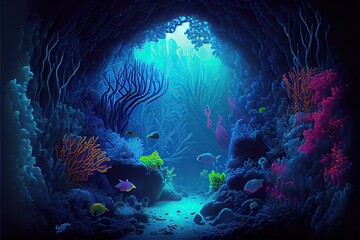 Generative AI illustration of underwater world at the depth of the ocean. Underwater gorges and tunnel, organisms and fish. Underwater deep world, sea darkness, algae glow, blue neon, corals.