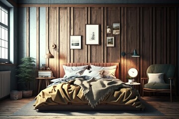 Interior of vintage bedroom with double bed and wooden wall