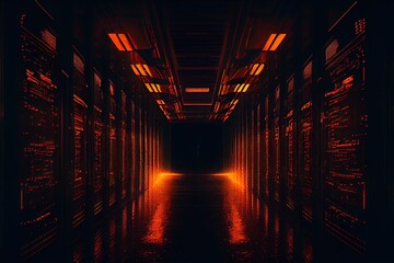Generative AI illustration of abstract tunnel, dark interior of data center, servers, neon lights